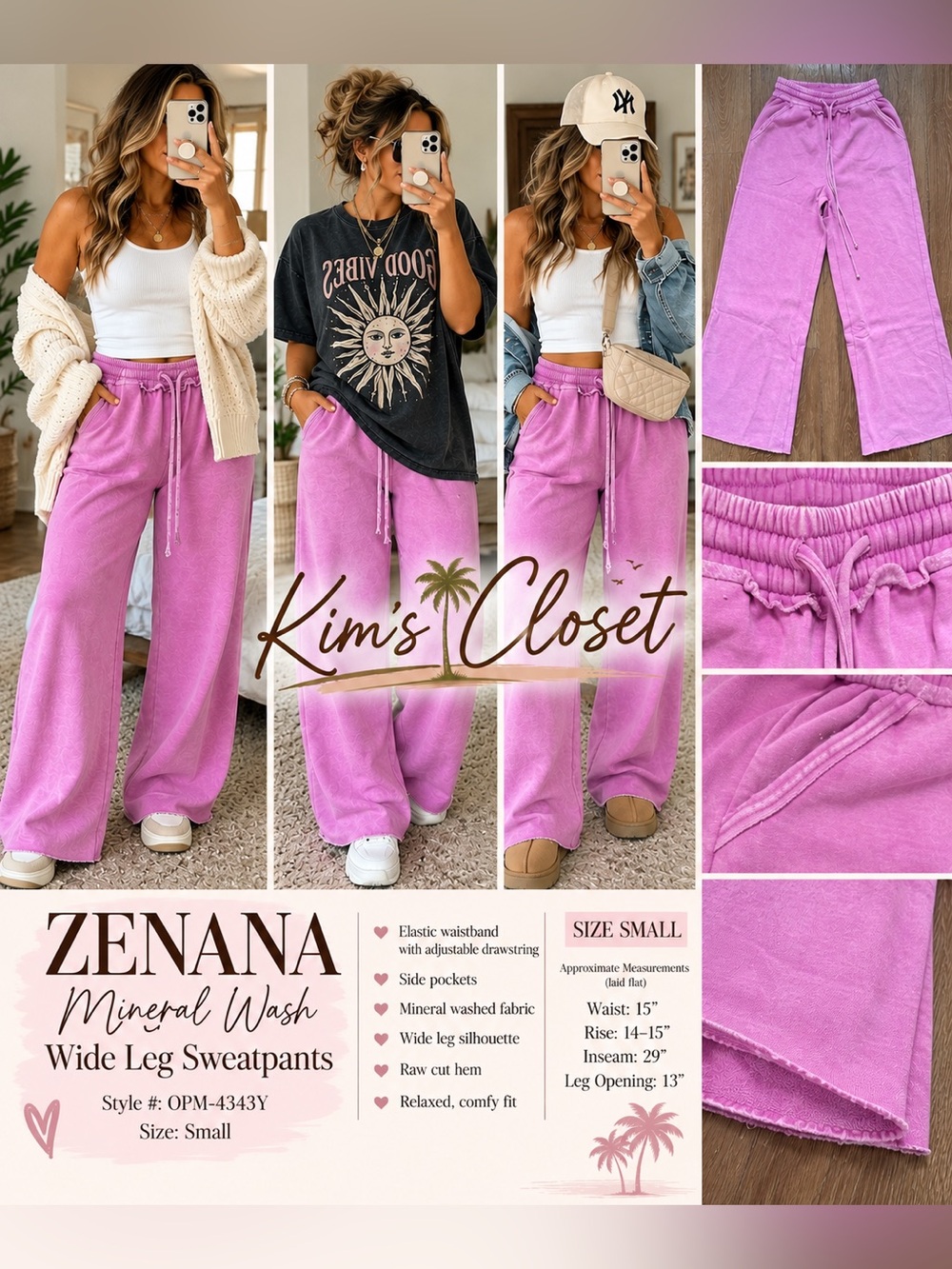 Zenana Acid Wash Fleece Wide-Leg Pants